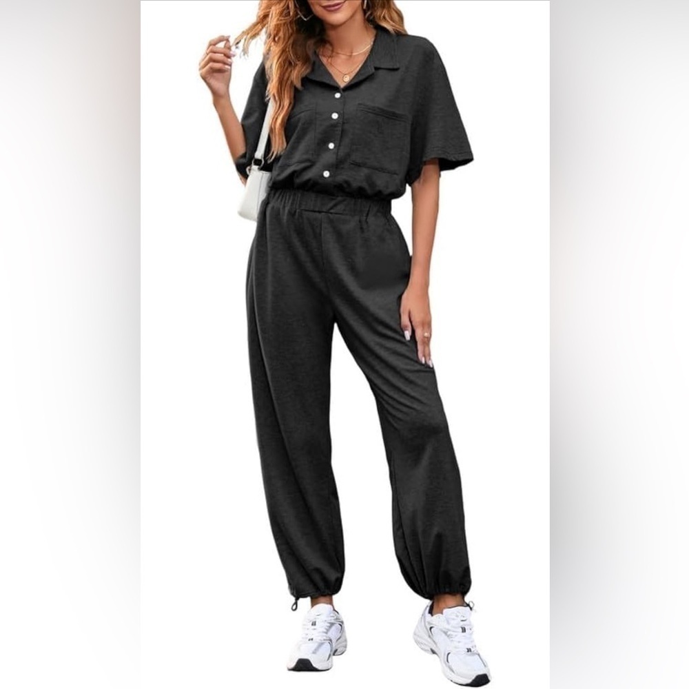 Button Up Collared Short Sleeve High Waisted Drawstring Hem Casual Jumpsuits